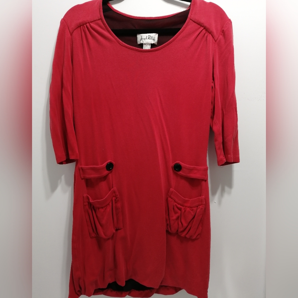 Red Ruched Casual Dress with 3/4 Raglan Sleeves